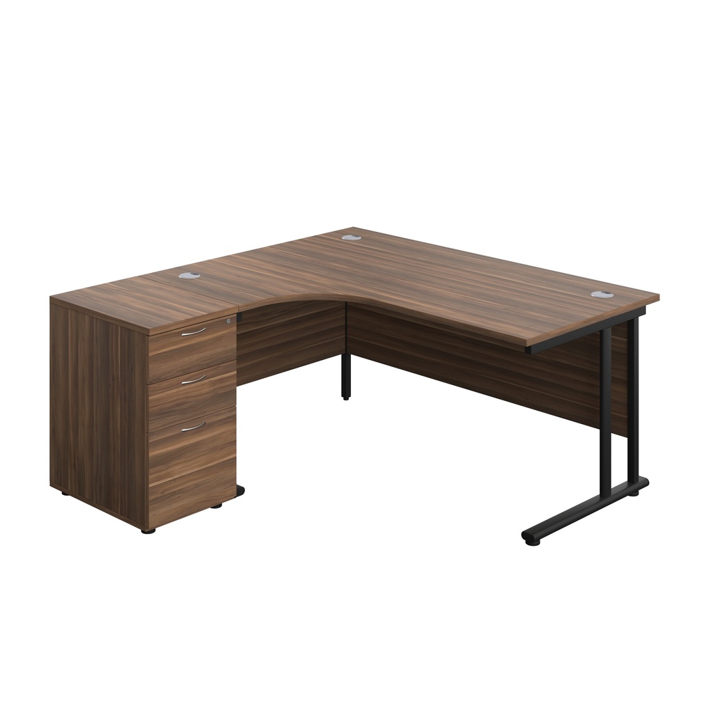 Twin Upright Left Hand Radial Desk + Desk High 3 Drawer Pedestal (FSC) | 1600X1200 | 600mm Deep Pedestal | Dark Walnut/Black