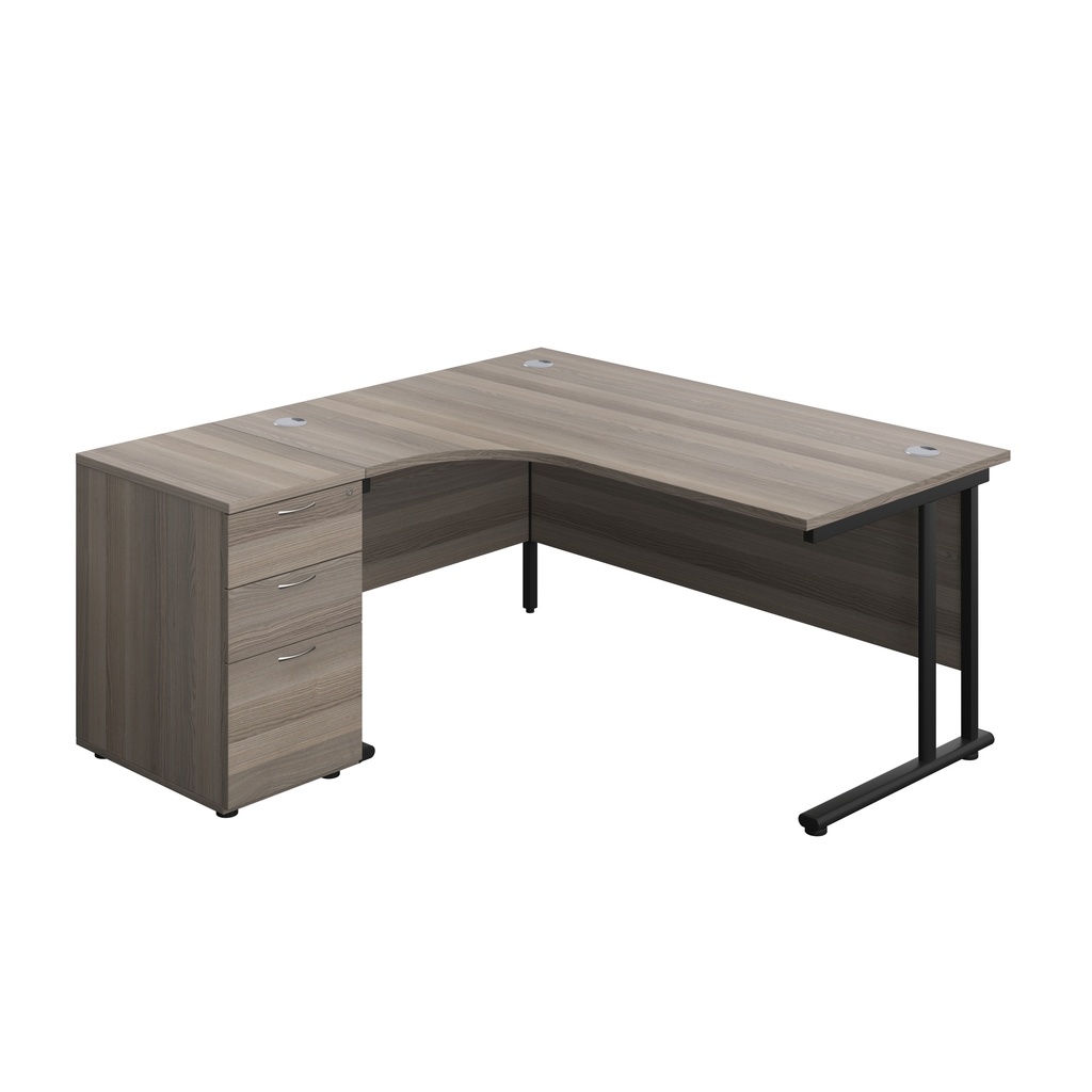 Twin Upright Left Hand Radial Desk + Desk High 3 Drawer Pedestal (FSC) | 1600X1200 | 600mm Deep Pedestal | Grey Oak/Black