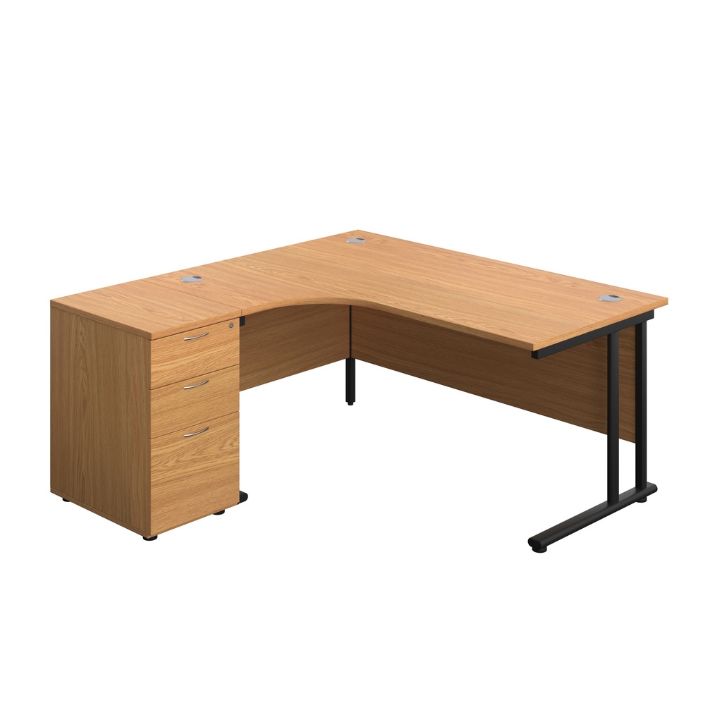 Twin Upright Left Hand Radial Desk + Desk High 3 Drawer Pedestal (FSC) | 1600X1200 | 600mm Deep Pedestal | Nova Oak/Black