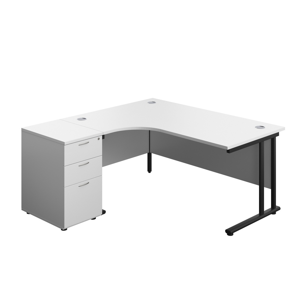 Twin Upright Left Hand Radial Desk + Desk High 3 Drawer Pedestal (FSC) | 1600X1200 | 600mm Deep Pedestal | White/Black