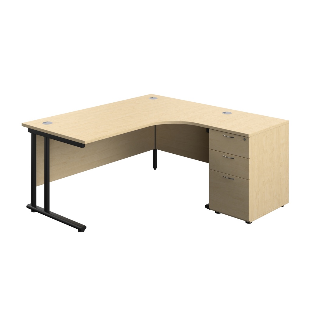 Twin Upright Right Hand Radial Desk + Desk High 3 Drawer Pedestal (FSC) | 1600X1200 | 600mm Deep Pedestal | Maple/Black