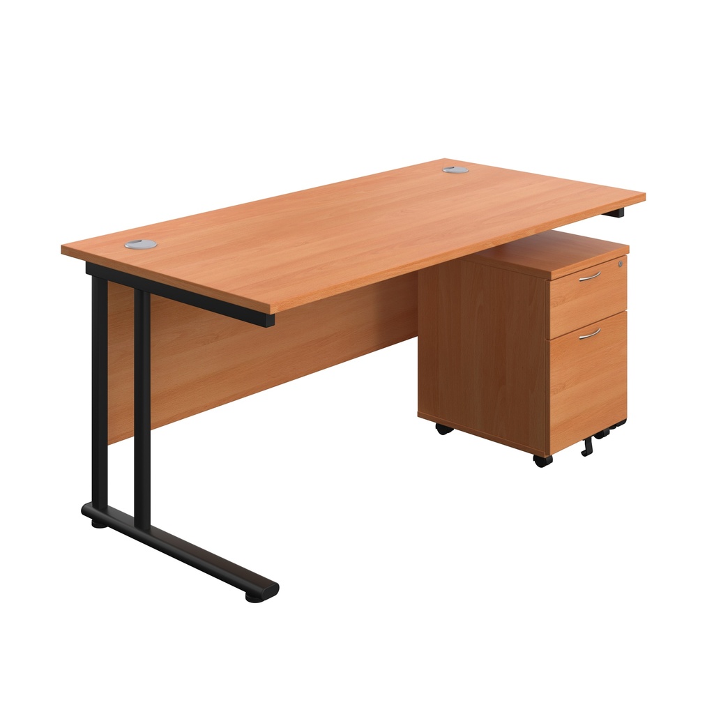 Twin Upright Rectangular Desk + Mobile 2 Drawer Pedestal (FSC) | 1600X800 | Beech/Black | 