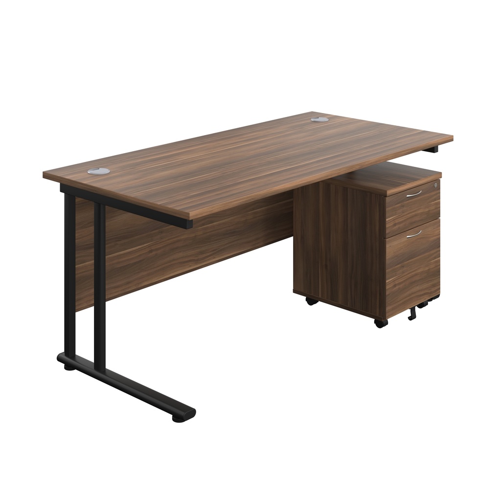 Twin Upright Rectangular Desk + Mobile 2 Drawer Pedestal (FSC) | 1600X800 | Dark Walnut/Black | 