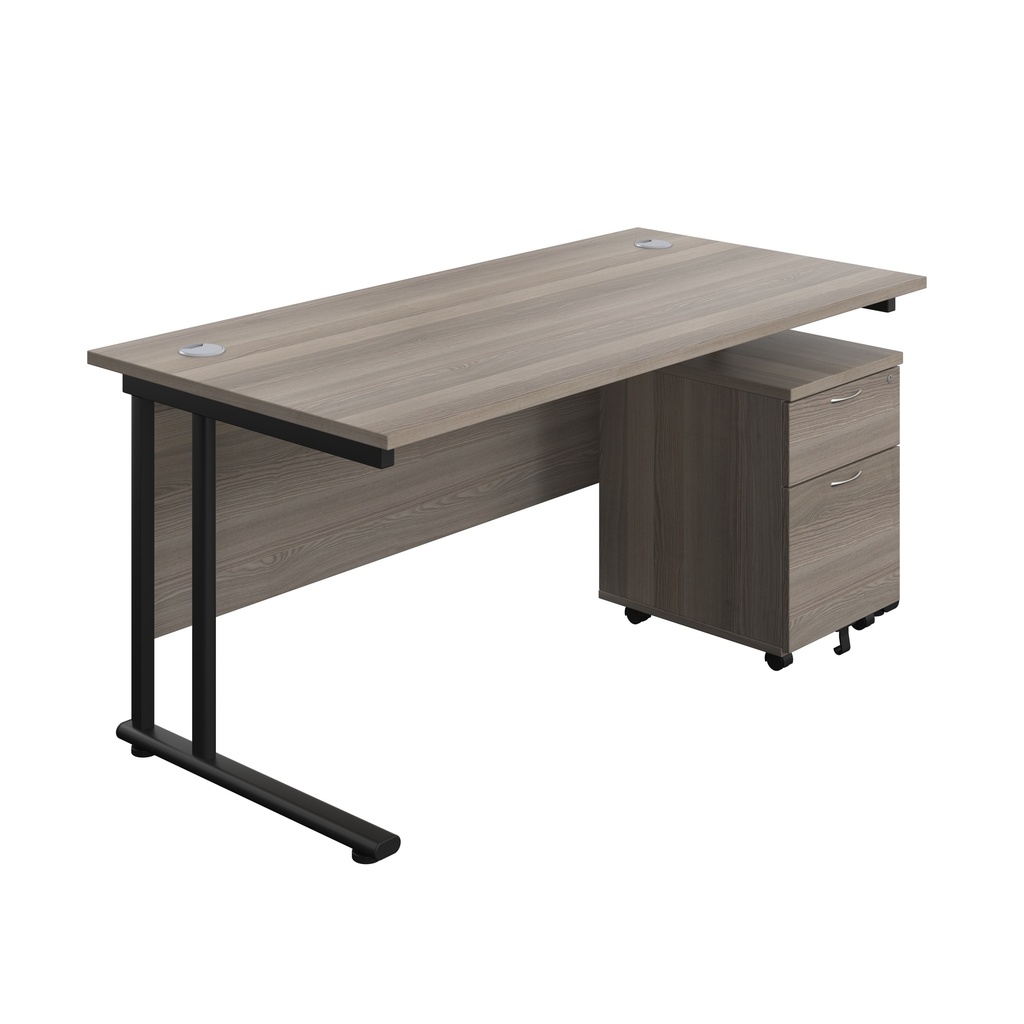 Twin Upright Rectangular Desk + Mobile 2 Drawer Pedestal (FSC) | 1600X800 | Grey Oak/Black | 