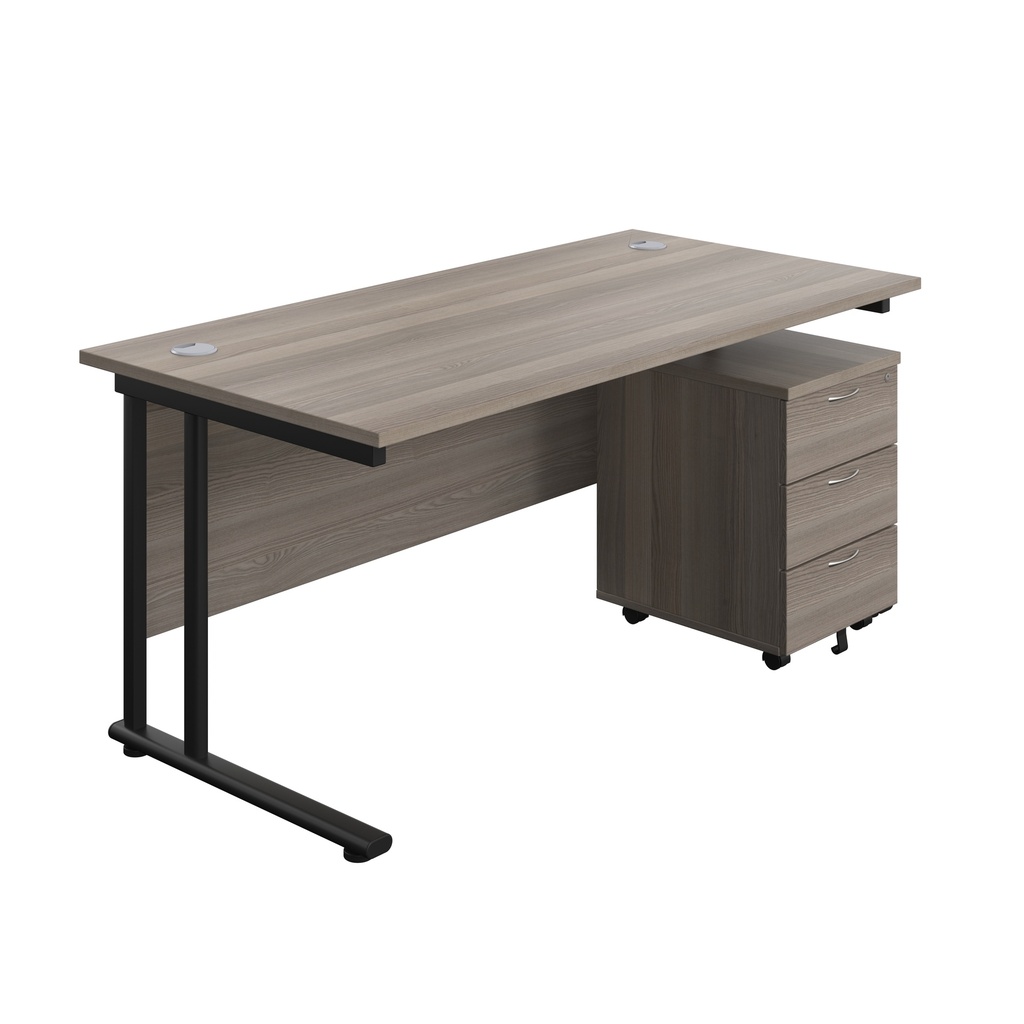 Twin Upright Rectangular Desk + Mobile 3 Drawer Pedestal (FSC) | 1600X800 | Grey Oak/Black | 