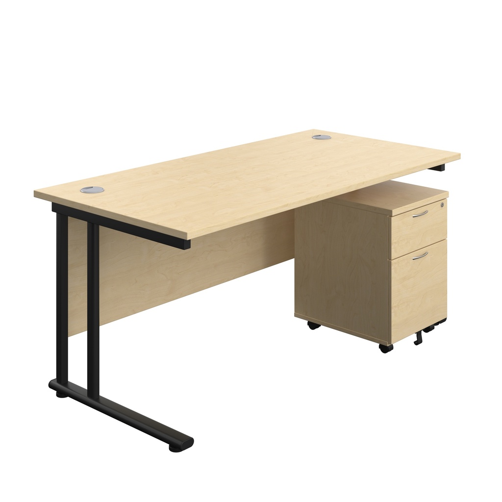 Twin Upright Rectangular Desk + Mobile 2 Drawer Pedestal (FSC) | 1600X800 | Maple/Black | 