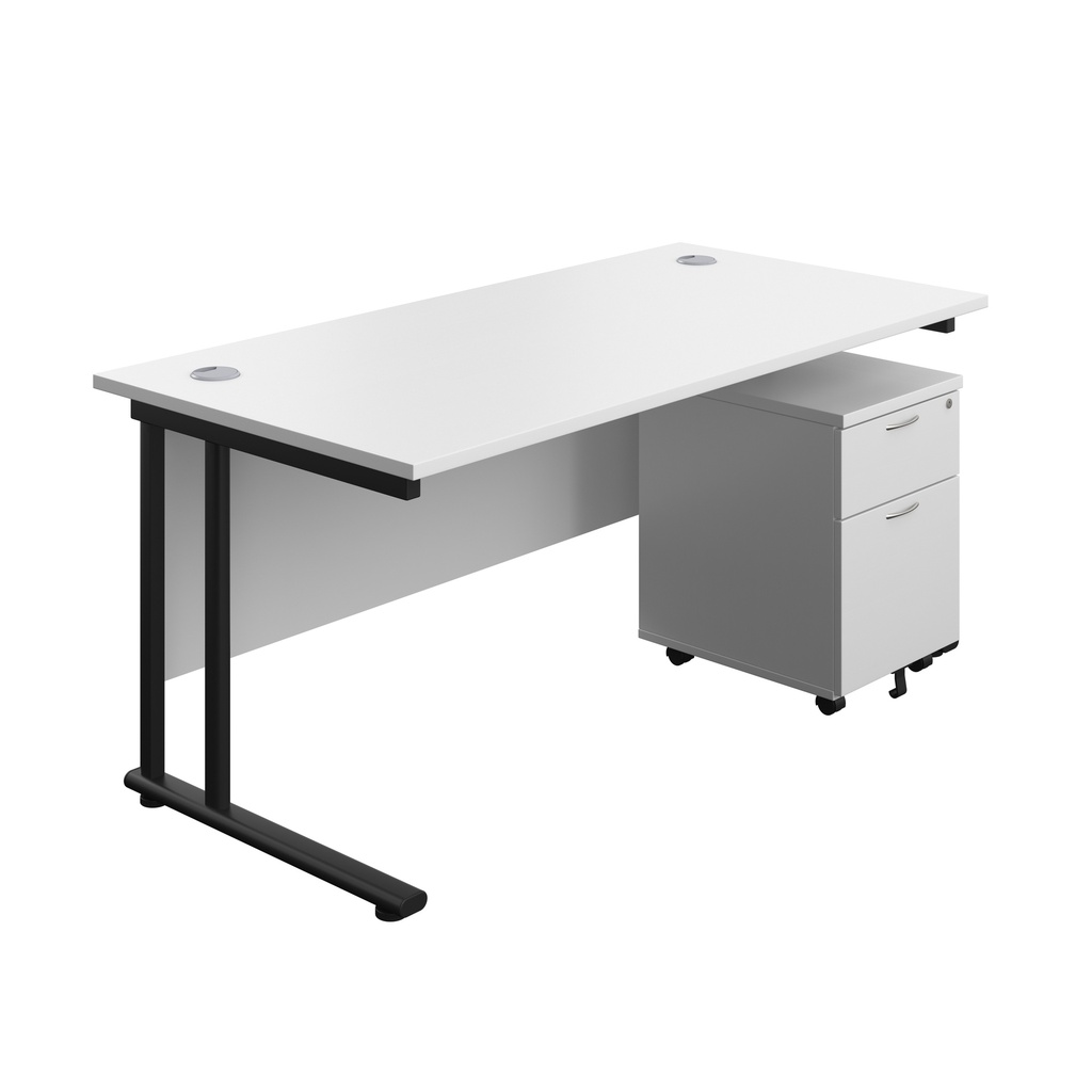 Twin Upright Rectangular Desk + Mobile 2 Drawer Pedestal (FSC) | 1600X800 | White/Black | 