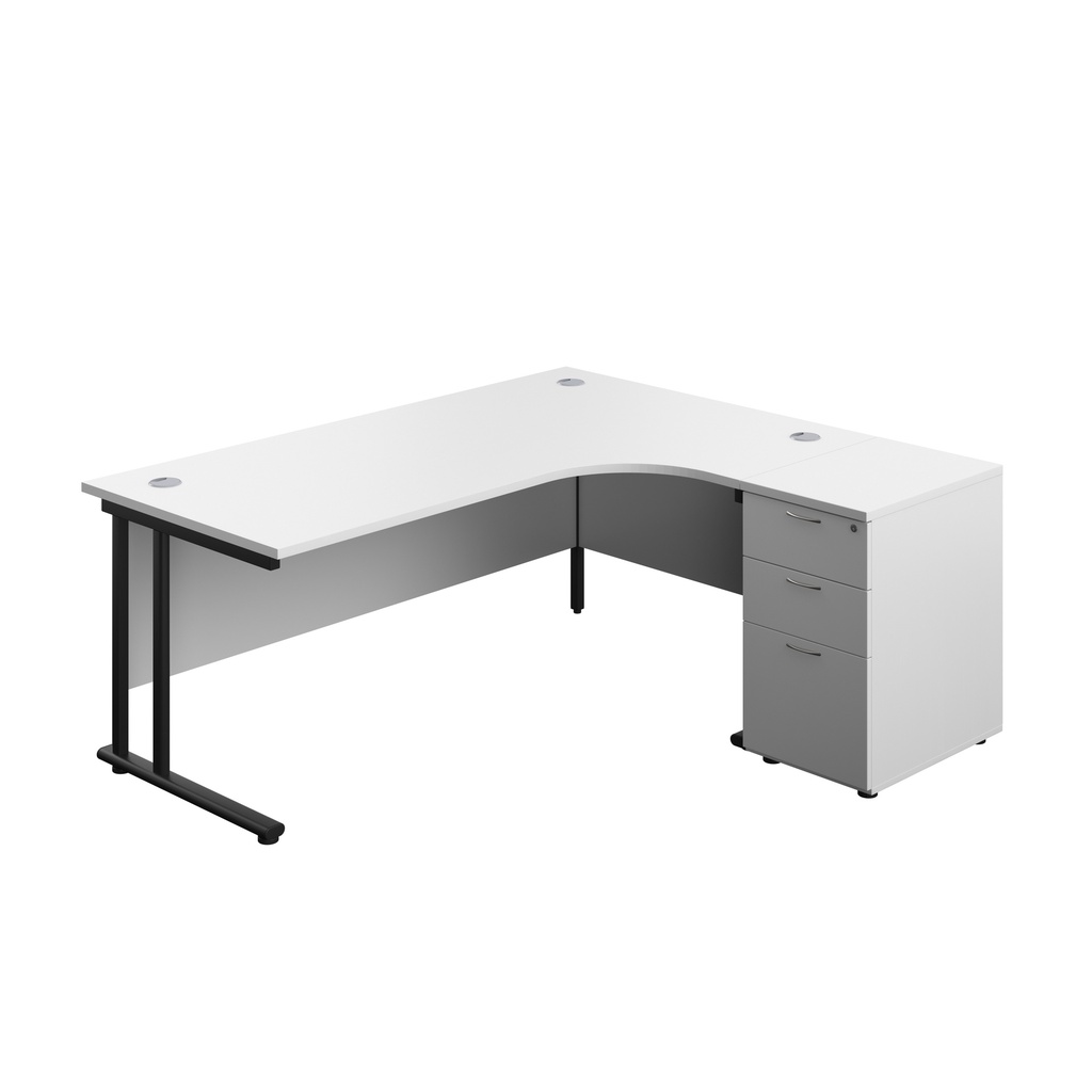 Twin Upright Right Hand Radial Desk + Desk High 3 Drawer Pedestal (FSC) | 1800X1200 | 600mm Deep Pedestal | White/Black