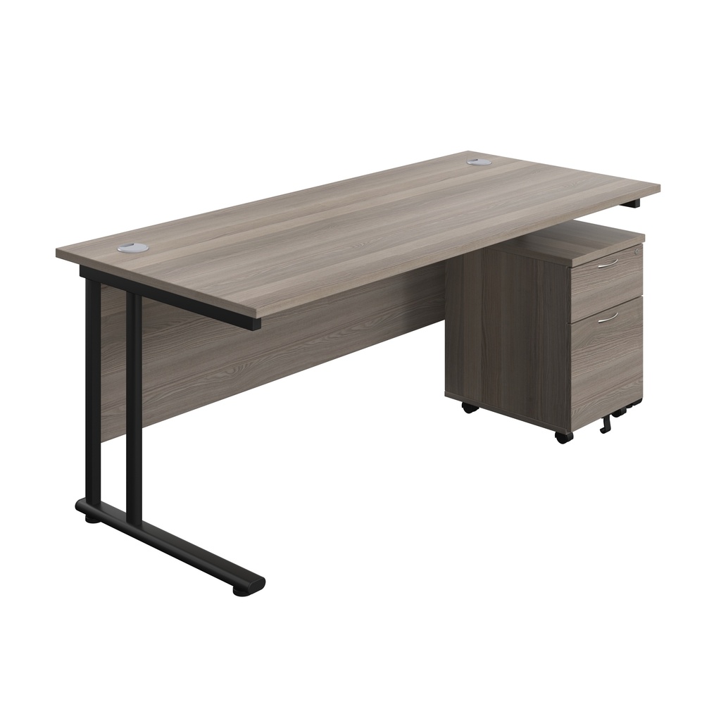 Twin Upright Rectangular Desk + Mobile 2 Drawer Pedestal (FSC) | 1800X800 | Grey Oak/Black | 