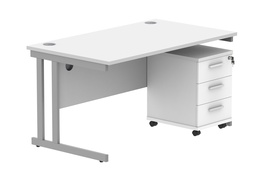 [COREBUNDU1480WHTSV3] Double Upright Rectangular Desk + 3 Drawer Mobile Under Desk Pedestal (FSC) | 1400X800 | Arctic White/Silver