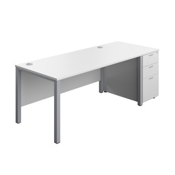 [GPBUN1680DHWHSV] Goal Post Rectangular Desk + 3 Drawer Desk High Pedestal (FSC) | 1600x800 | White/Silver | 