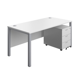 [GPBUN1680M3WHSV] Goal Post Rectangular Desk + 3 Drawer Mobile Pedestal (FSC) | 1600x800 | White/Silver | 