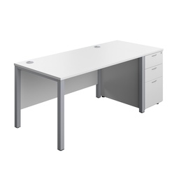 [GPBUN1480DHWHSV] Goal Post Rectangular Desk + 3 Drawer Desk High Pedestal (FSC) | 1400x800 | White/Silver | 