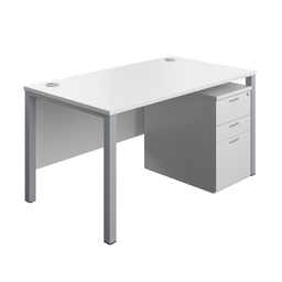 [GPBUN1480HMWHSV] Goal Post Rectangular Desk + 3 Drawer High Mobile Pedestal (FSC) | 1400x800 | White/Silver | 