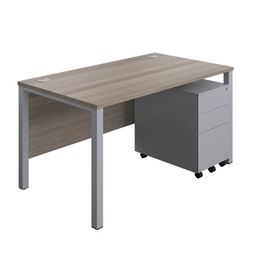 [GPBUN1480S3GOSV] Goal Post Rectangular Desk + 3 Drawer Steel Pedestal (FSC) | 1400x800 | Grey oak/Silver | 