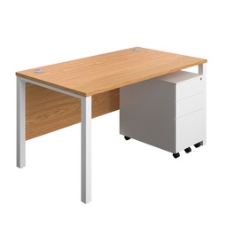 [GPBUN1480S3NOWH] Goal Post Rectangular Desk + 3 Drawer Steel Pedestal (FSC) | 1400x800 | Nova oak/White | 