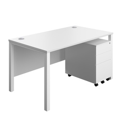 [GPBUN1480S3WHWH] Goal Post Rectangular Desk + 3 Drawer Steel Pedestal (FSC) | 1400x800 | White/White | 