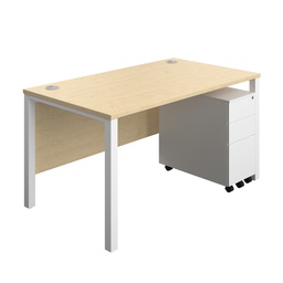 [GPBUN1480SS3MAWH] Goal Post Rectangular Desk + 3 Drawer Slimline Steel Pedestal (FSC) | 1400x800 | Maple/White | 