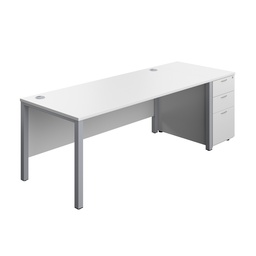 [GPBUN1880DWHSV] Goal Post Rectangular Desk + 3 Drawer Desk High Pedestal (FSC) | 1800x800 | White/Silver | 