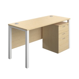 [GPBUN1460HMMAWH] Goal Post Rectangular Desk + 3 Drawer High Mobile Pedestal (FSC) | 1400x600 | Maple/White | 