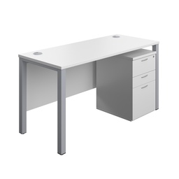 [GPBUN1460HMWHSV] Goal Post Rectangular Desk + 3 Drawer High Mobile Pedestal (FSC) | 1400x600 | White/Silver | 