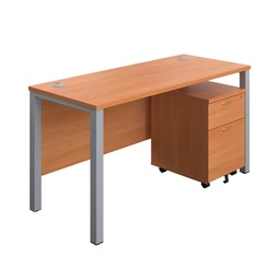 [GPBUN1460M2BESV] Goal Post Rectangular Desk + 2 Drawer Mobile Pedestal (FSC) | 1400x600 | Beech/Silver | 