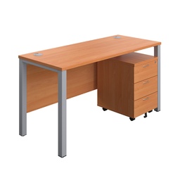 [GPBUN1460M3BESV] Goal Post Rectangular Desk + 3 Drawer Mobile Pedestal (FSC) | 1400x600 | Beech/Silver | 