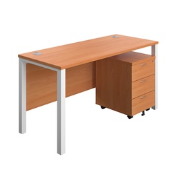 [GPBUN1460M3BEWH] Goal Post Rectangular Desk + 3 Drawer Mobile Pedestal (FSC) | 1400x600 | Beech/White | 