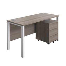 [GPBUN1460M3GOWH] Goal Post Rectangular Desk + 3 Drawer Mobile Pedestal (FSC) | 1400x600 | Grey oak/White | 