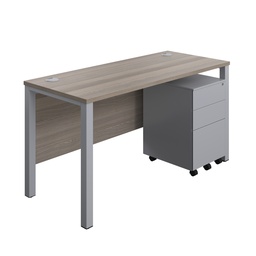 [GPBUN1460S3GOSV] Goal Post Rectangular Desk + 3 Drawer Steel Pedestal (FSC) | 1400x600 | Grey oak/Silver | 