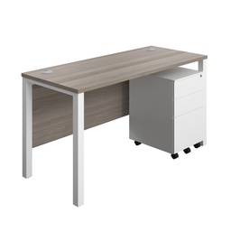 [GPBUN1460S3GOWH] Goal Post Rectangular Desk + 3 Drawer Steel Pedestal (FSC) | 1400x600 | Grey oak/White | 