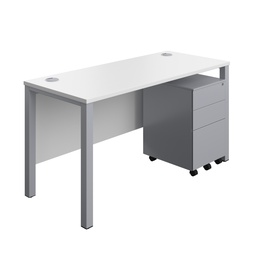 [GPBUN1460S3WHSV] Goal Post Rectangular Desk + 3 Drawer Steel Pedestal (FSC) | 1400x600 | White/Silver | 