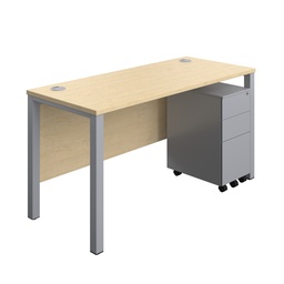 [GPBUN1460SS3MASV] Goal Post Rectangular Desk + 3 Drawer Slimline Steel Pedestal (FSC) | 1400x600 | Maple/Silver | 