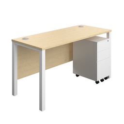 [GPBUN1460SS3MAWH] Goal Post Rectangular Desk + 3 Drawer Slimline Steel Pedestal (FSC) | 1400x600 | Maple/White | 