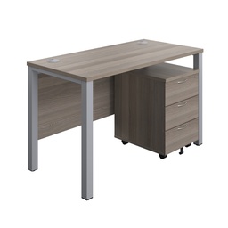 [GPBUN1260M3GOSV] Goal Post Rectangular Desk + 3 Drawer Mobile Pedestal (FSC) | 1200x600 | Grey oak/Silver | 