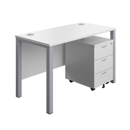 [GPBUN1260M3WHSV] Goal Post Rectangular Desk + 3 Drawer Mobile Pedestal (FSC) | 1200x600 | White/Silver | 