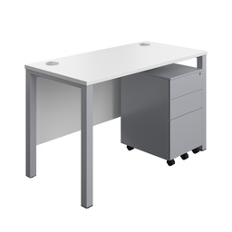 [GPBUN1260S3WHSV] Goal Post Rectangular Desk + 3 Drawer Steel Pedestal (FSC) | 1200x600 | White/Silver | 