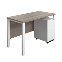 [GPBUN1260SS3GOWH] Goal Post Rectangular Desk + 3 Drawer Slimline Steel Pedestal (FSC) | 1200x600 | Grey oak/White | 