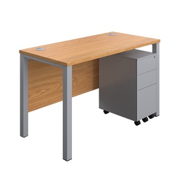 [GPBUN1260SS3NOSV] Goal Post Rectangular Desk + 3 Drawer Slimline Steel Pedestal (FSC) | 1200x600 | Nova oak/Silver | 