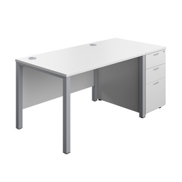 [GPBUN1280DHWHSV] Goal Post Rectangular Desk + 3 Drawer Desk High Pedestal (FSC) | 1200x800 | White/Silver | 