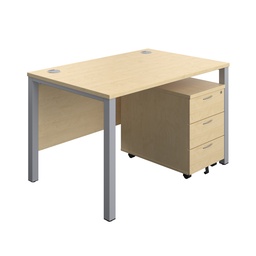 [GPBUN1280M3MASV] Goal Post Rectangular Desk + 3 Drawer Mobile Pedestal (FSC) | 1200x800 | Maple/Silver | 