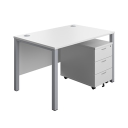 [GPBUN1280M3WHSV] Goal Post Rectangular Desk + 3 Drawer Mobile Pedestal (FSC) | 1200x800 | White/Silver | 