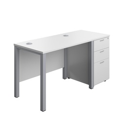 [GPBUN1060D3WHSV] Goal Post Rectangular Desk + 3 Drawer Desk High Pedestal (FSC) | 1000x600 | White/Silver | 