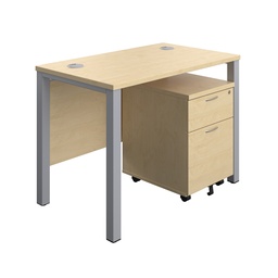 [GPBUN1060M2MASV] Goal Post Rectangular Desk + 2 Drawer Mobile Pedestal (FSC) | 1000x600 | Maple/Silver | 