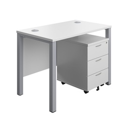 [GPBUN1060M3WHSV] Goal Post Rectangular Desk + 3 Drawer Mobile Pedestal (FSC) | 1000x600 | White/Silver | 