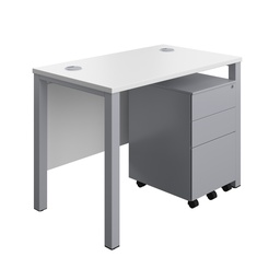 [GPBUN1060S3WHSV] Goal Post Rectangular Desk + 3 Drawer Steel Pedestal (FSC) | 1000x600 | White/Silver | 