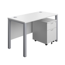 [GPBUN1260M2WHSV] Goal Post Rectangular Desk + 2 Drawer Mobile Pedestal (FSC) | 1200x600 | White/Silver | 