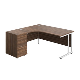 [TWU1612BUNLDWWH] Twin Upright Left Hand Radial Desk + Desk High 3 Drawer Pedestal (FSC) | 1600X1200 | 600mm Deep Pedestal | Dark Walnut/White