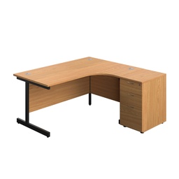 [SU1612BUNRNOBK] Single Upright Right Hand Radial Desk + Desk High 3 Drawer Pedestal (FSC) | 1600 X 1200 | 600mm Deep Pedestal | Nova Oak/Black