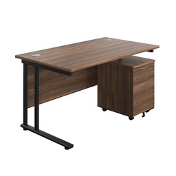 [TWU1480BUNDWBK2] Twin Upright Rectangular Desk + Mobile 2 Drawer Pedestal (FSC) | 1400X800 | Dark Walnut/Black | 